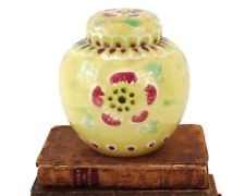 Vintage Yellow Ceramic Ginger Jar w/Red Poppy Flower Decorations Estate Find picture