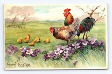Old Postcard Embossed Easter Rooster Chicken Chics Coweta OK 1908 Cancel Flowers picture