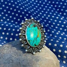 1940s Pawn Fred Harvey Native Large Green Turquoise Silver Ring Zuni Sun Themed picture