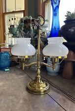 MINI VINTAGE BRASS DOUBLE ARM STUDENT LAMP WHITE MILK GLASS SHADES 12”H picture