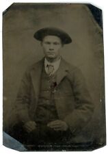 CIRCA 1860'S 2.25X3.13 1/6 Plate Hand Tinted TINTYPE Handsome Young Man in Hat picture