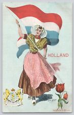 Postcard Holland Flag Girl Flowers Artist Signed Vintage Antique Unposted picture