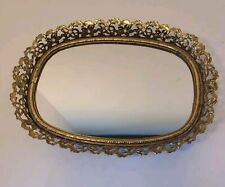 Vintage Mirror Vanity Tray Perfume Makeup Oval Gold Filigree Hollywood Regency picture