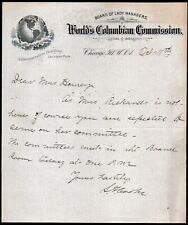 1893 Chicago - World's Columbian Commission - Jackson Park Rare Letter Head Bill picture