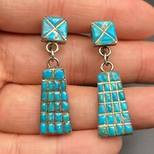 Vintage Navajo Native Turquoise Sterling Silver Dangle Screw Back Earrings picture
