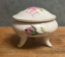 Vintage Three Leg Porcelain Trinket Box Pink Rose On White picture