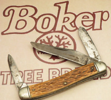 Antique Pre-1940 BOKER USA Medium Stock Knife Tan Bovine Bone Handles picture