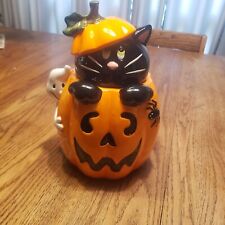 David's Cookies Vintage Cookie Jar Halloween Pumpkin Ghost Black Cat Ceramic picture