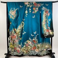 Woman Japanese Kimono Furisode Silk Flower Butterfly Gold Silver Foil Blue Green picture