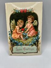 Antique Valentines Postcard Two Young Angels Loves Greetings Glossy Finish  picture