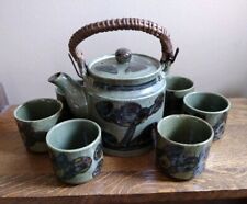 Vintage Japanese Pottery Tea Set Teapot & 6 Cups Rattan Handle Otagiri OMC  picture