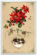 1915 New Year Wishes Poinsettia Flowers House Winter John Winsch Posted Postcard picture