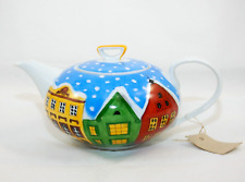 Winter Village hand painted tea pot ceramic with lid Helina Tilk Estonia picture