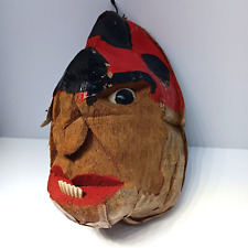 Large Ugly Angry Vintage Hanging Carved Real Coconut Pirate Head Tiki Hawaiian picture