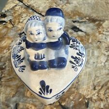 Vtg Handpainted Heart Delft Blue & White Dutch Boy &Girl Ceramic Trinket Box picture
