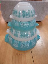 Pyrex Amish Butter Print Cinderella Nesting Set 441 - 444 Complete TURQUOISE SET picture