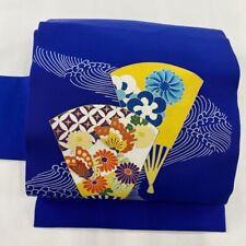 Kimono Obi Nagoya Obi Excellent Quality Fan Wave Crest Gold Color Blue Pure Silk picture