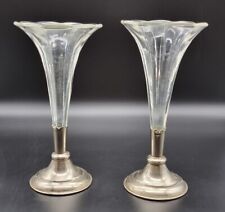 PAIR ANTQ ART DECO HANDMADE KOLORLESS EPERGNE TRUMPET VASES WITH EPNS BASES 1920 picture