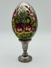 Zhostovo Wood Easter Egg on a Stand, Floral Design, Painted by Hand 5.3” picture