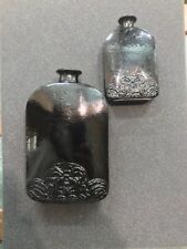 2 Unique Black Glass Mold Blown Flasks w/Scrolling On Bases, 1 Large/1 Small. picture