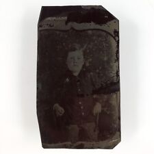 Distressed Chubby Boy Child Tintype c1870 Antique 1/9 Plate Portrait Photo C2680 picture