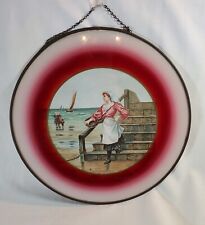 Antique Flue Cover  Glass Painting and Printing of Seaside Scene w/ Sailboats picture