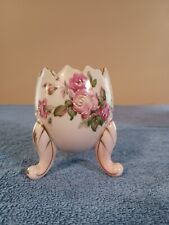 Vintage Gold Trimmed Pink Rose Porcelain 3 Footed Cracked Egg Vase / Planter  picture