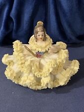 Vintage Irish Dresden Porcelain Figurine Lady In Chair Yellow Lace Dress 3” picture