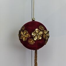 Vintage 1970 Era Push Pin Christmas Ornament Red Velvet Gold Bric Brac Bead picture