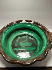 Mexican Patamban Michoacan Green Glaze Bird Art Pottery Bowl w/Handles picture