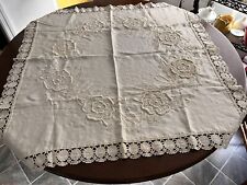 Lovely Embroidered Crocheted Creamy White Tablecloth Silky Linen Cotton 37x37 picture