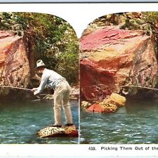 c1900s Goofy Man Fishing Pick Big Boulder Pool Color Stereo Stereoview Card V19 picture