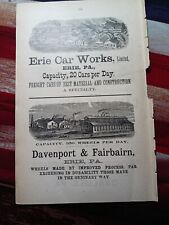1889 Print Ad ~ 2 Erie PA Railroad Ads DAVENPORT & FAIRBAIRN Erie Car Works  picture