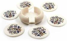 Coffee Inlay Work White Marble Tea Coaster  Precious Stone Flower  h4 picture