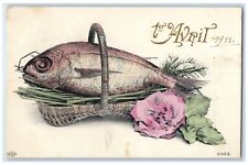 c1910s Big Fish Cached In Basket Flowers April 1st Fools Posted Antique Postcard picture