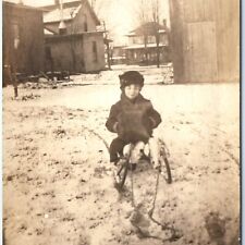 c1910s Cute Little Girl Toy Sled Big Handwarmer RPPC Snow Winter Real Photo A134 picture