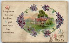 House Scene and Flowers Art Print with Poem - A Happy Birthday - Greeting Card picture