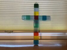 Unique Handcrafted Fused Dichroic Glass Wall Cross Multicolor 10” Tall picture