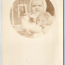 c1910s Cute Baby Boy Girl Doll RPPC Close Up Candid Circle Photo Toys House A214 picture