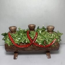 Vintage Atlantic Mold Christmas Yule Log Candle Holder Holly Berries Ceramic  picture
