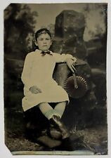 Antique 1800's GIRL HOLDING FAN Victorian Photo ORIGINAL HAND TINTED TINYPE picture