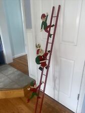 Vtg Rare Wooden Homemade Santa & Elf Climbing Ladder On Christmas Tree 5ft. T picture