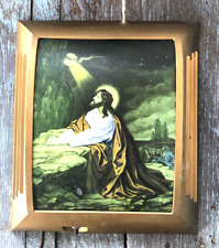 Jesus Praying In The Garden Of Gethsemane Lighted Gold Plastic Frame Vintage picture