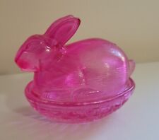 Vintage LE SMITH Hot Pink Glass Bunny Rabbit On Nest Trinket / Candy Dish picture