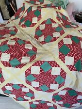 Antique Vintage Cutter Quilt Hand Quilted Yellow, Red, Green. 78