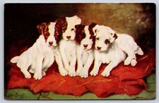 Animal~Jack Russell Terrier Puppies On Red Blanket~Lilian Cheviot~Vintage PC picture