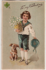 ANTIQUE EMBOSSED VALENTINE Postcard       YOUNG BOY IN SAILOR SUIT, PUPPY picture