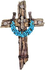 Turquoise stone Horseshoe Rustic Faux Wood Wall Hanging Cross Spiritual Decor picture
