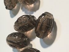 One Vintage Carved Chinese Bead Smoky Quartz Shou Asian Oval 17mm x 12mm picture
