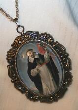 Lovely Leaf Rimmed St. Bernard of Clairvaux Glass Cameo Medal SilvertoneNecklace picture
